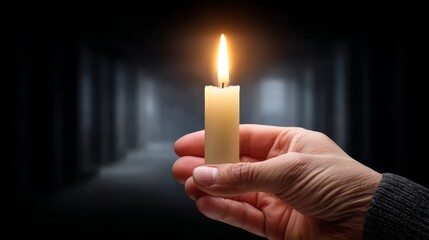 Ghostly Hand Holding Flickering Candle in a Dimly Lit Corridor