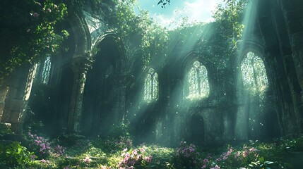 Obraz premium Overgrown Ruins Basking In Sunlight And Flowers