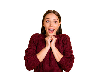 Photo of encouraged admiring ecstatic girl watching something extremely cute and adorable while isolated with yellow background