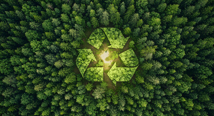 a high-angle shot of the recycling symbol integrated into the forest canopy. It evokes a sense of environmental responsibility and sustainable living