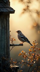 A small bird perches on a branch of a tree near a wooden structure, bathed in the warm glow of a setting sun.