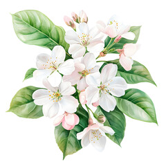 Obraz premium Watercolor illustration of white apple blossoms with pink buds and green leaves isolated on transparent background