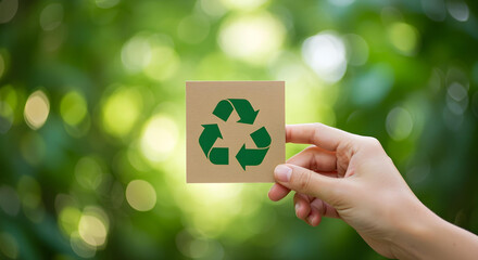 Hand holding recycle symbol with green background. Show care of the environment