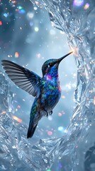 A hummingbird is captured in flight against a blurred background with a snowy or icy texture, illuminated by a soft light source that appears to be a glowing object.
