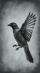 A black and white photo of a bird in mid-flight with its wings outstretched against a textured background.