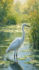 A white egret stands in shallow water, its reflection mirrored in the lily pads, with tall reeds and lush greenery in the background.