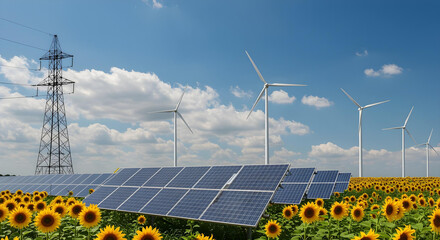 a landscape showcasing the harmonious blend of renewable energy sources, solar panels, and wind turbines, alongside a field of sunflowers, all under a bright, blue sky.