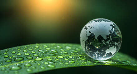 a crystal globe resting on a wet leaf, symbolizing environmental sustainability 