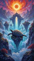 The image is a fantastical illustration depicting a turtle resting on a floating island with a waterfall, surrounded by floating islands and a radiant sun.