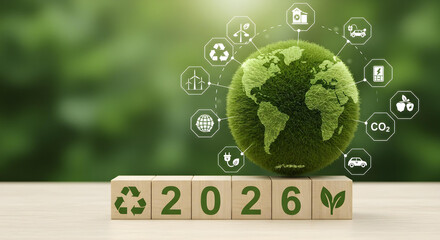An artistic representation of the earth and the year 2026. A concept of greening the earth