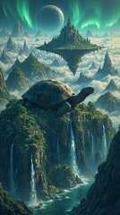 The image presents a surreal landscape where a large turtle is perched atop a cliff, with a fantastical floating island in the background.