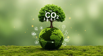 a symbolic representation of a tree growing on the Earth, illustrating the concept of carbon dioxide reduction and environmental sustainability