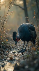 A close-up photograph of a bird with a vibrant red beak and neck, standing on the ground near a small stream during dusk or dawn.