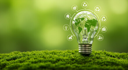 A creative light bulb with a world map inside shows an eco-friendly concept and environment protection 