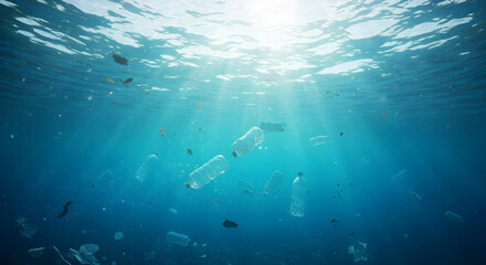 A distressing view of plastic bottles polluting the clear ocean water. The image shows the environmental damage caused by plastic waste, highlighting the urgent need for environmental awareness