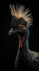 The image features a close-up of a bird's head, with a striking contrast between its black body and vibrant colors, including red and blue.