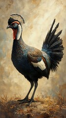 A detailed digital painting of a colorful bird with a crest, standing in a natural environment with grass and foliage.