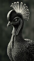 A monochrome close-up photograph showcases a bird with a distinctive crest, its feathers detailed in a striking black and white palette.