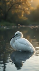 The image depicts a serene white egret gliding on calm waters, its reflection clearly visible in the water's surface, with a warm, sunlit backdrop of foliage.