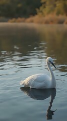 The image captures a serene scene of a white swan gracefully floating on a calm body of water, its reflection mirrored on the surface.