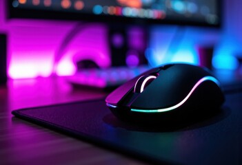 Close-up of a gaming mouse with colorful LED lights on a desk with a blurred computer screen in the background