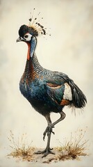 The image showcases a detailed painting of a colorful bird with a distinctive crest, set against a backdrop of grass and blurred foliage.