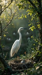 A vibrant purple orchid flower is the focal point, its petals spread wide to reveal a yellow center, set against a backdrop of dark forest foliage and soft, diffused light.