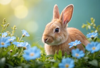 A cute rabbit surrounded by vibrant blue flowers in a sunny garden