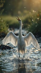 A white egret with wings spread wide is captured in a moment of action, poised to take flight with water splashing around its feet and a blurred natural backdrop.