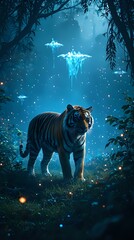 A tiger is standing in a lush, green forest at night, surrounded by twinkling lights and glowing blue formations in the sky.