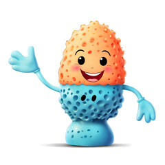 A cheerful cartoon sponge character waves hello. Bright orange and blue colors create a fun, friendly vibe. Perfect for cleaning supplies or children's products.