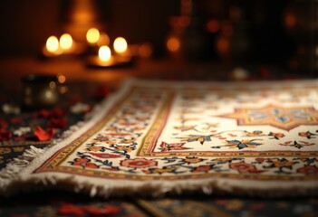 Naklejka premium Elegant Persian rug adorned with intricate patterns and surrounded by candles
