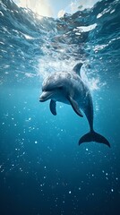 The image captures a graceful dolphin swimming amidst the ocean's depths, its dorsal fin slicing through the water as it emerges from the surface, with the sun's rays piercing through the water and cr