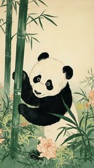 A panda bear is depicted in a traditional Japanese style, peeking out from behind a bamboo stalk with its paw extended upwards, amidst a lush, floral backdrop.