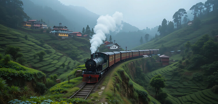 "A toy train of the Darjeeling Himalayan Railway moving along narrow tracks through misty mountains, tea plantations on both sides, colorful houses on steep slopes, cold breeze and light fog.