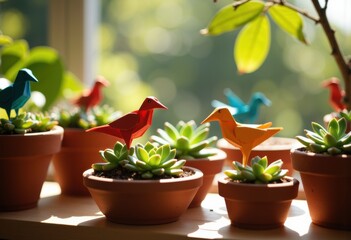 Colorful paper bird decorations arranged among succulent plants on a sunlit windowsill