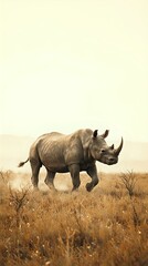 Obraz premium A rhinoceros is captured in motion across a vast, dry grassy field, its imposing form partially obscured by a hazy light above.