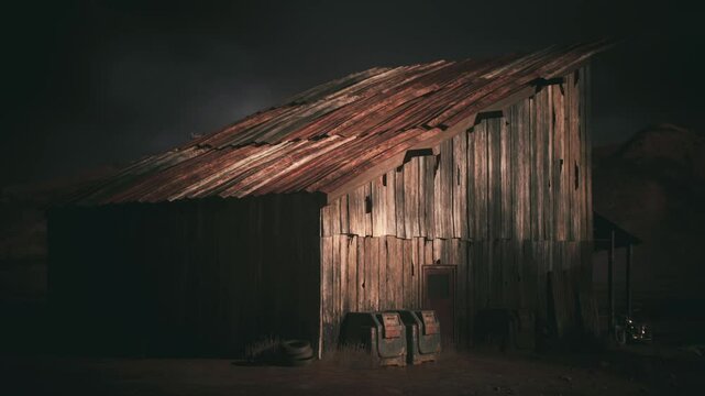 This rustic barn, with its weathered wooden planks and rusty roof, is softly lit during twilight, creating a serene atmosphere in the surrounding rural landscape.