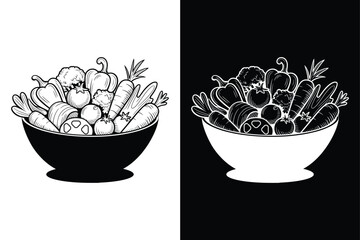 Vegetable Dish Clipart Black and White Bowl of Veggies Icon.