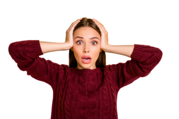 Portrait of impressed youth screaming unbelievable touching her head wearing maroon jumper isolated over yellow background