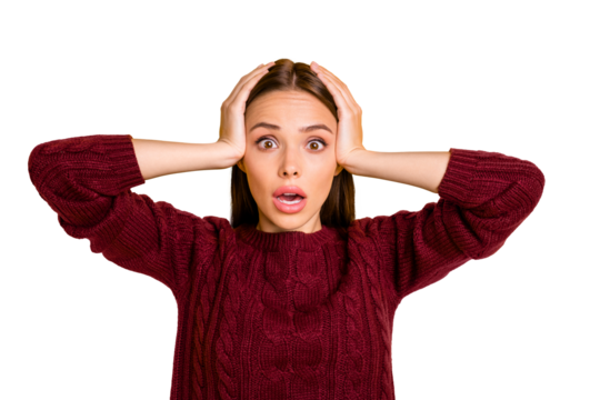 Portrait of impressed youth screaming unbelievable touching her head wearing maroon jumper isolated over yellow background