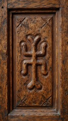 The image displays a close-up of a carved wooden panel with a geometric cross-like design, set against a textured, weathered wood surface.