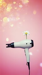 A white hairdryer with a black handle and a single white daisy flower sticking out from it is positioned against a pink background with bokeh light effects.