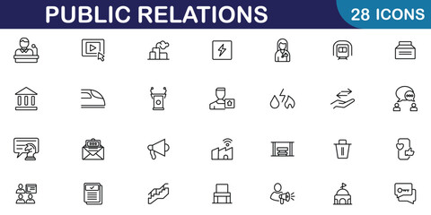 Public relations web icons in line style. Containing design business, public relations, management, social media, news, corporate and process icons. Vector illustration.