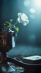 A single white flower blooms in a dark setting, its petals unfurling against a backdrop of indistinct objects and a softly lit scene.