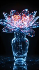 The image shows a glowing, neon-like glass flower with a transparent vase at the base, set against a dark background.