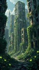 The image depicts a fantastical scene of a densely overgrown, abandoned urban landscape with towering, dilapidated structures covered in vines and moss.