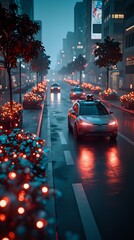 The image captures a rainy city street at night, with cars driving down illuminated roads and buildings adorned with glowing lights lining the sides.