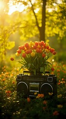 A vintage boombox rests amidst a field of orange and yellow flowers, with the sun's rays filtering through the foliage.