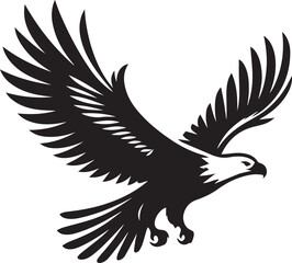 Obraz premium A stylized vector illustration of an eagle in flight with outstretched wings, depicted in solid black with white highlights for detail and contrast.